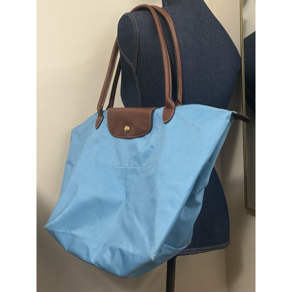 Longchamp Le Pliage LARGE Tote Baby Blue Nylon Brown Leather Trim